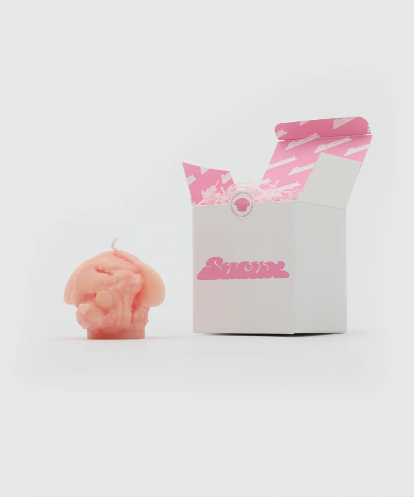 Soft pink dog-shaped candle with droopy ears and closed eyes, placed next to a white box with pink Sucux logo and pink printed interior – collectible item from the Sucux Cool Collection.