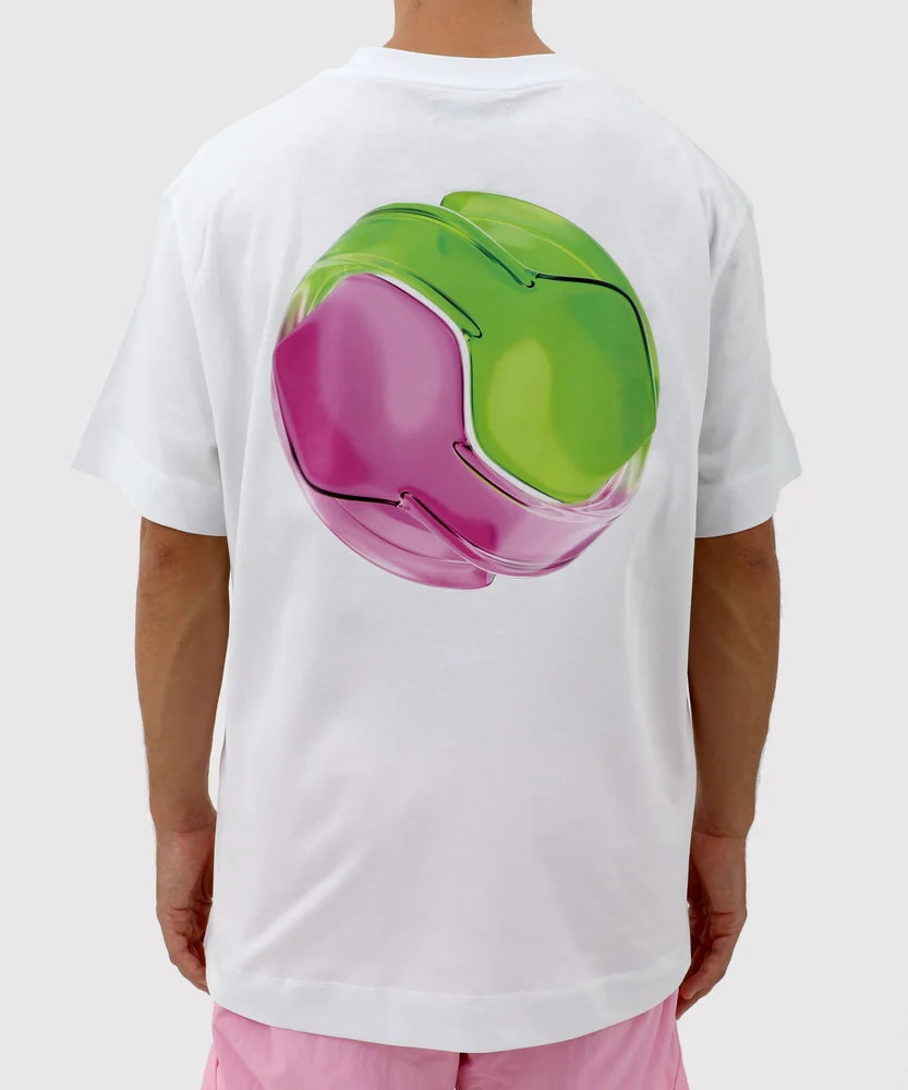 Back view of a white oversized T-shirt featuring a large glossy 3D-style graphic of a pink and green twisted sphere, part of the Sucux Cool Collection.