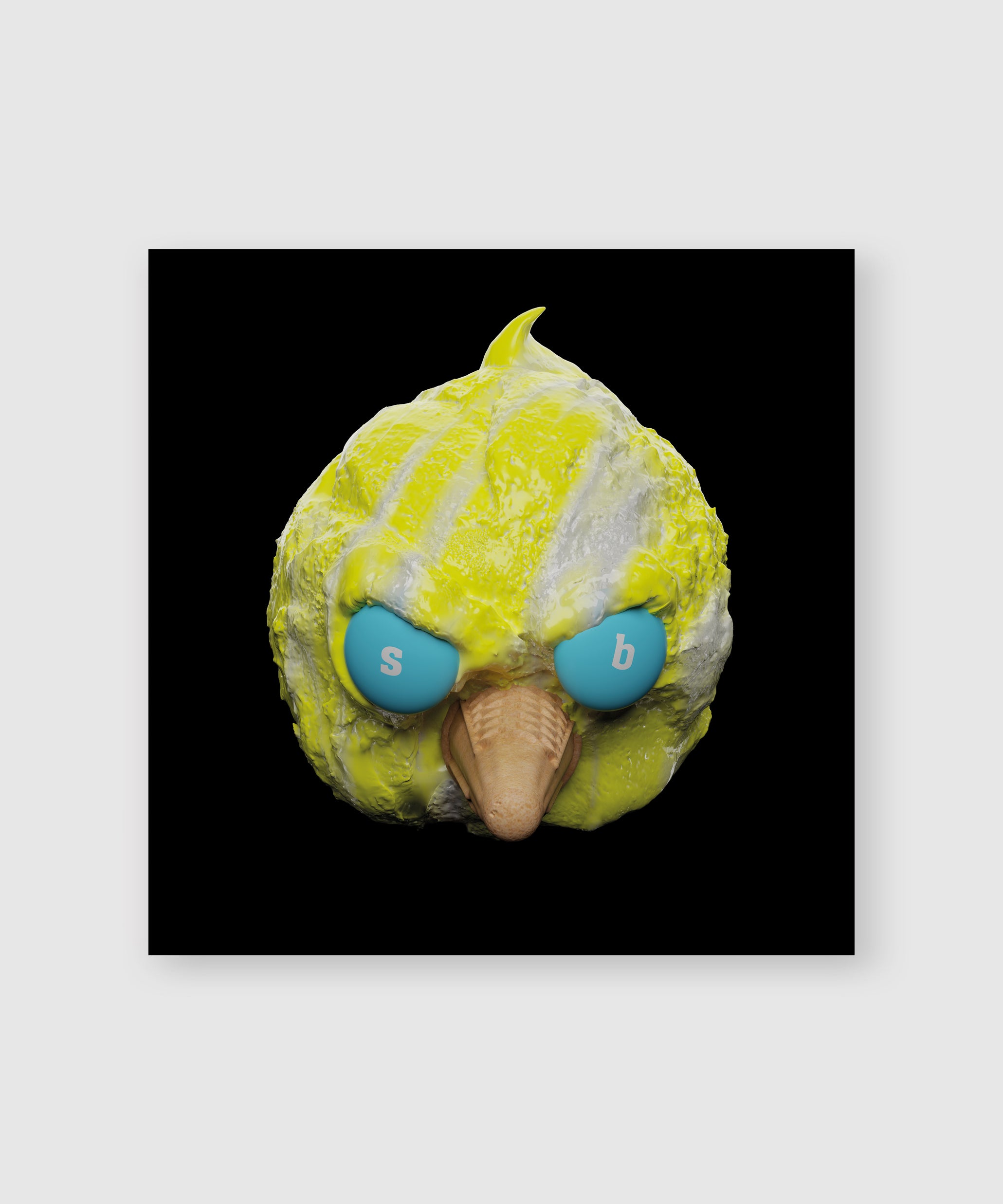 Digital artwork of a stylized yellow bird head with icy texture, exaggerated beak, and bright blue eyes featuring the letters ‘s’ and ‘b’ – conceptual piece by Sucuk & Bratwurst.
