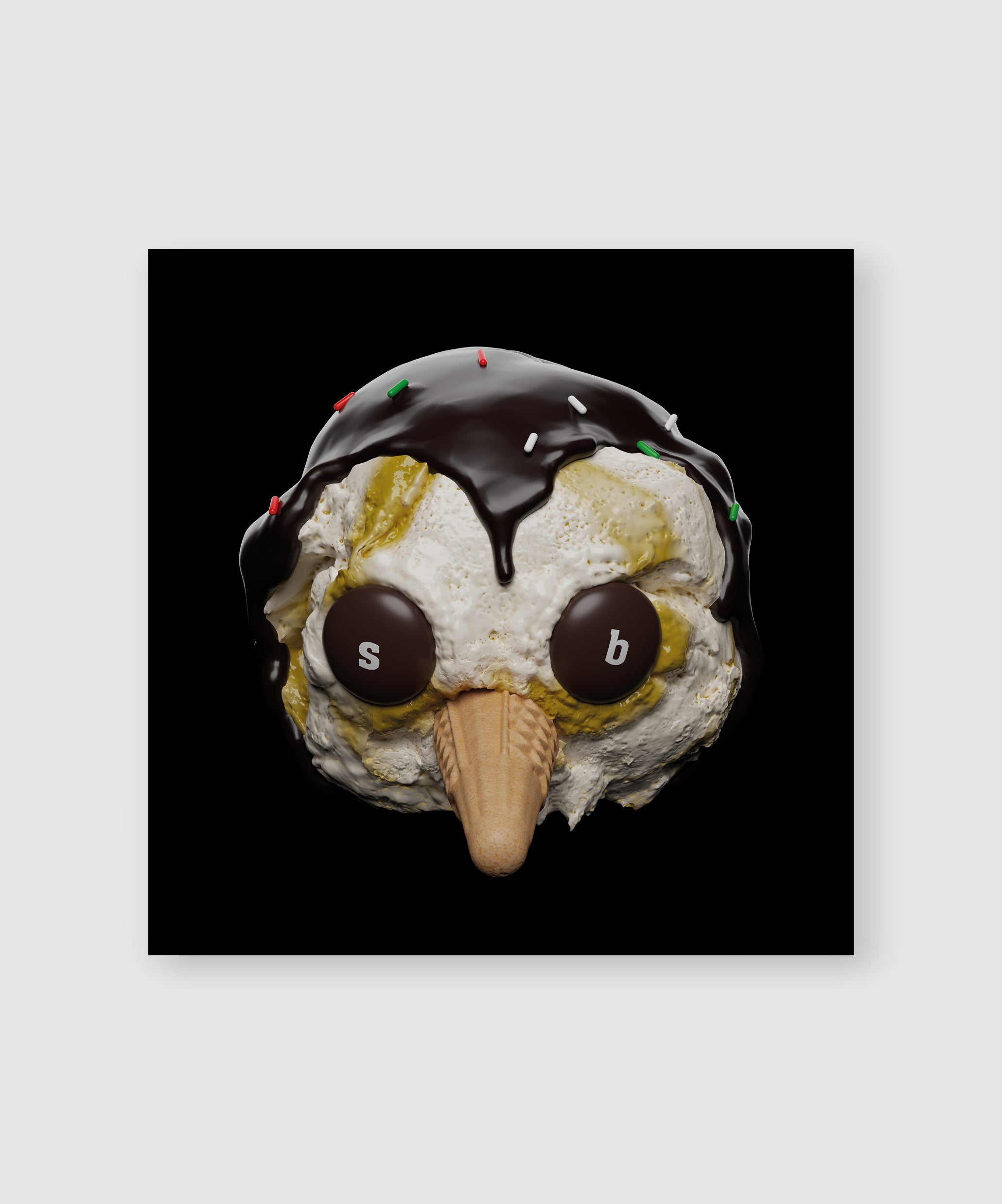 Digital artwork of a stylized penguin head made of vanilla and caramel ice cream, topped with dripping chocolate glaze and colorful sprinkles, with brown ‘s’ and ‘b’ eyes and a cone beak – conceptual piece by Sucuk & Bratwurst.
