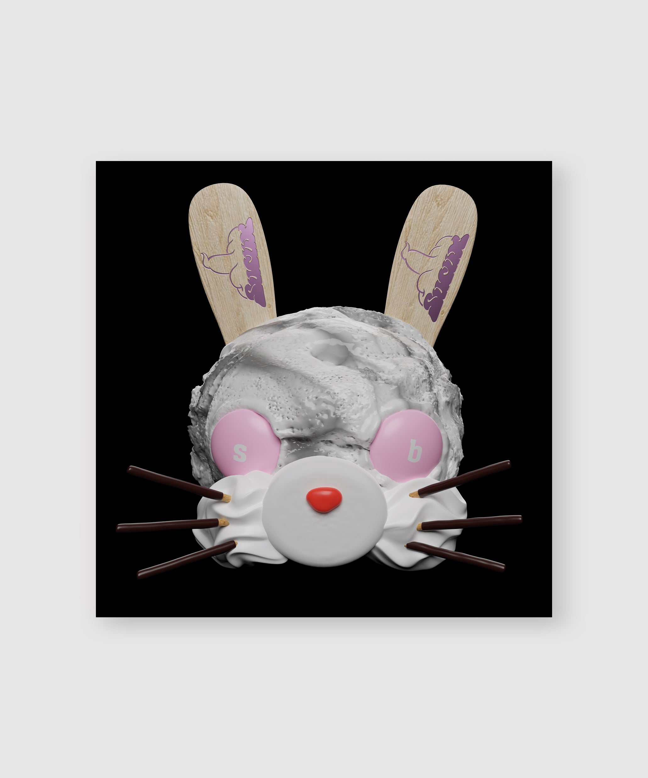 Digital artwork of a stylized rabbit head made from a scoop of grey ice cream with wooden popsicle ears, pink ‘s’ and ‘b’ candy eyes, whipped cream cheeks, red candy nose, and chocolate stick whiskers – conceptual piece by Sucuk & Bratwurst.
