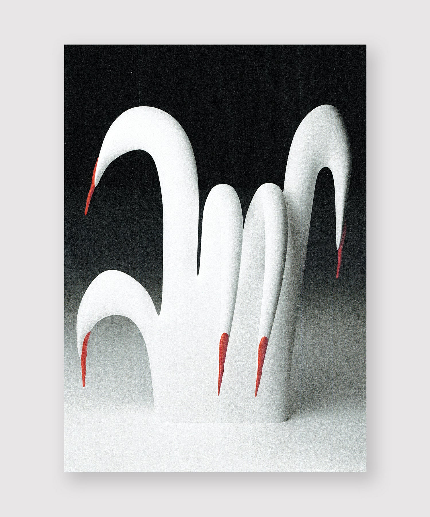 Graphic illustration of a stylized white cartoon hand forming the "i love you" hand sign. The exaggerated fingers are elongated and curved, with sharp red fingernails. The hand’s surreal, sculptural shape gives it an abstract look, set against a black-to-white gradient background.