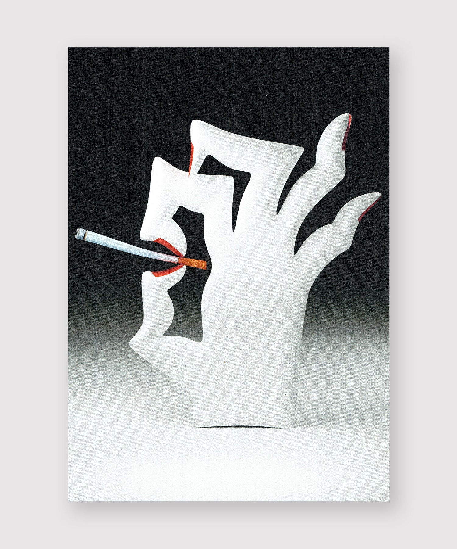 Surreal illustration of a stylized white cartoon hand with sharp red fingernails, shaped to resemble a face. The hand holds a lit cigarette between two fingers positioned like lips, creating the illusion of smoking. Set against a black-to-white gradient background.