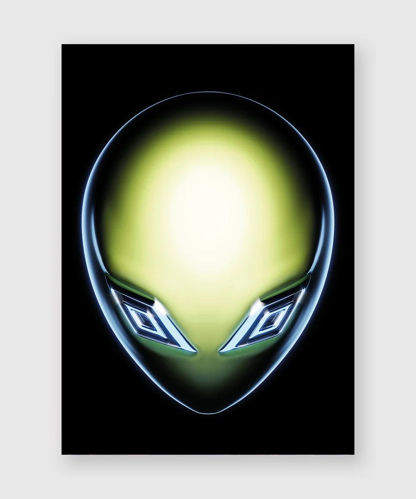 A glowing alien head on a black background. The smooth, yellow-green face features stylized eyes shaped like the Umbro logo, giving it a futuristic and sporty look.