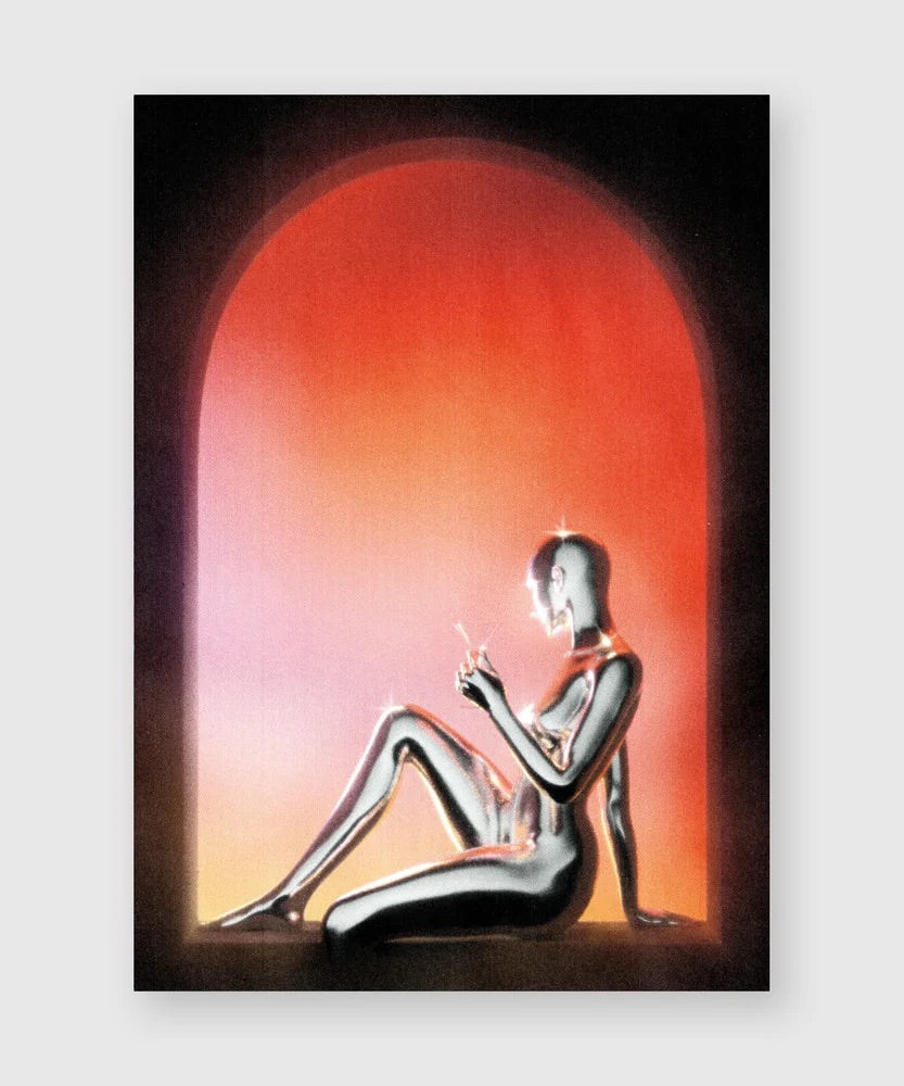 A metallic humanoid female figure sits in a window arch, bathed in a warm red-orange sunrise glow. She holds a cigarette delicately in one hand, creating a calm yet surreal futuristic atmosphere.