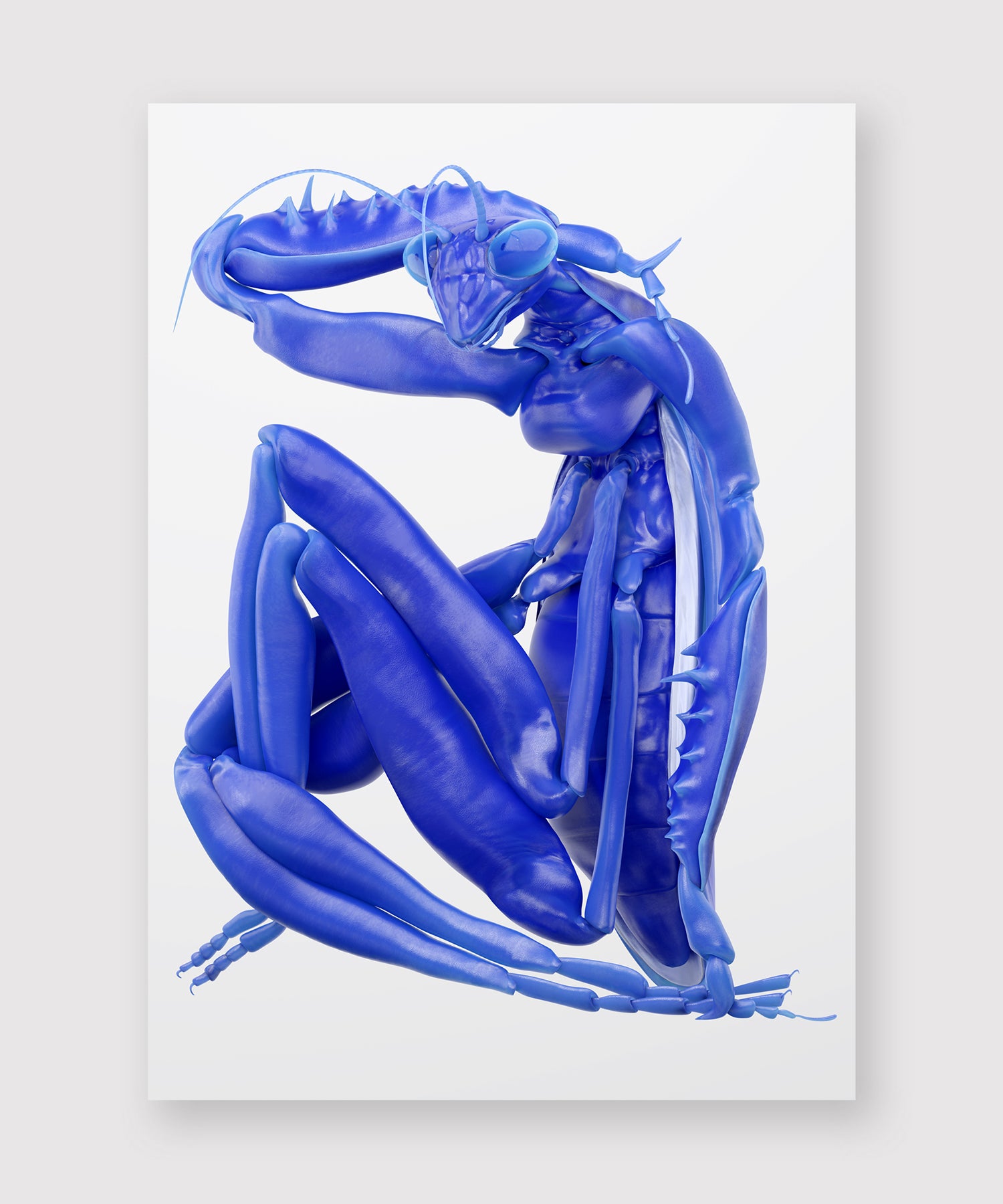 A digitally rendered blue praying mantis in a dynamic, seated pose with one arm raised over its head. The creature has a smooth, iridescent texture and exaggerated, humanoid proportions, set against a clean white background. Its limbs are bent in an expressive, almost elegant gesture, merging insect and human-like forms.