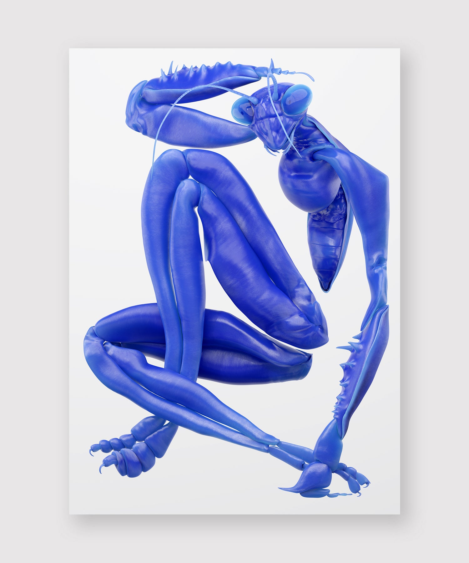A digital artwork of a stylized blue praying mantis in a seated, intertwined pose. The mantis has a sleek, glossy texture and exaggerated limbs arranged in a sculptural, almost human-like posture. The figure is centered against a minimal white background, emphasizing its surreal and futuristic design.