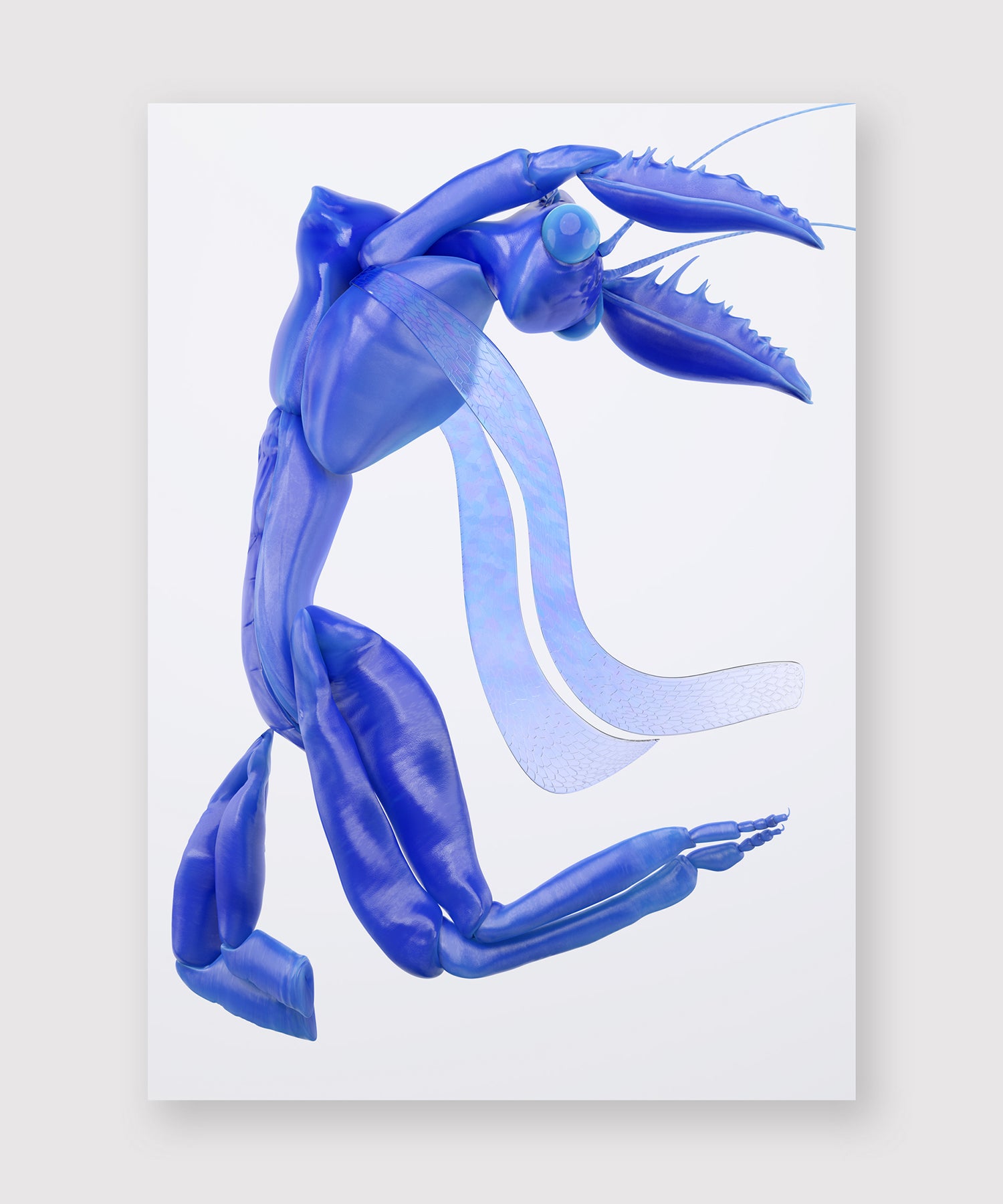 A digital artwork of a stylized blue praying mantis with a glossy, translucent texture. The mantis is posed dynamically in mid-air, with curved limbs and open claws. Flowing translucent ribbons extend from its body, adding a surreal, futuristic aesthetic against a clean white background.