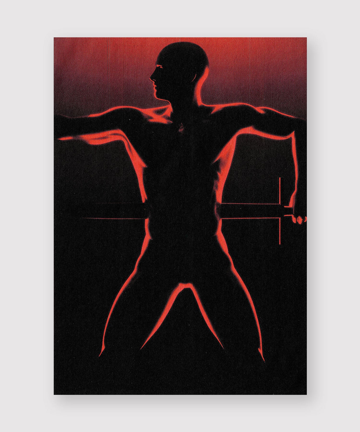 Silhouetted figure of a muscular bald person impaled by a sword running horizontally through their torso. The glowing red outline contrasts sharply against the black and red gradient background, creating a dramatic and intense visual effect.