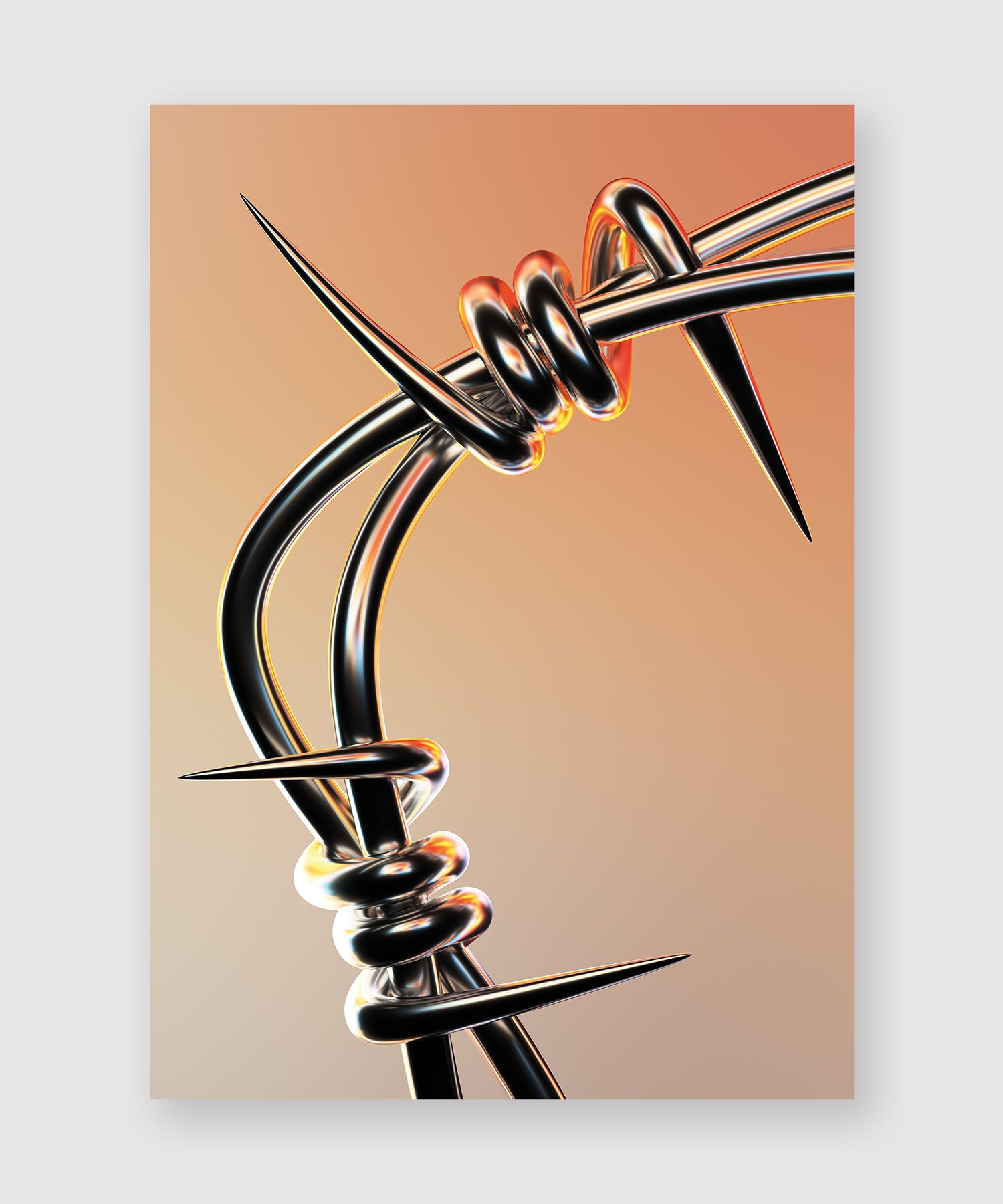 Close-up digital illustration of a shiny, metallic barbed wire knot with sharp spikes, rendered in a hyper-realistic style. The background fades smoothly from warm orange to soft beige, creating a striking contrast with the glossy black and silver wire. The image evokes tension and intensity through its composition and reflective surfaces.