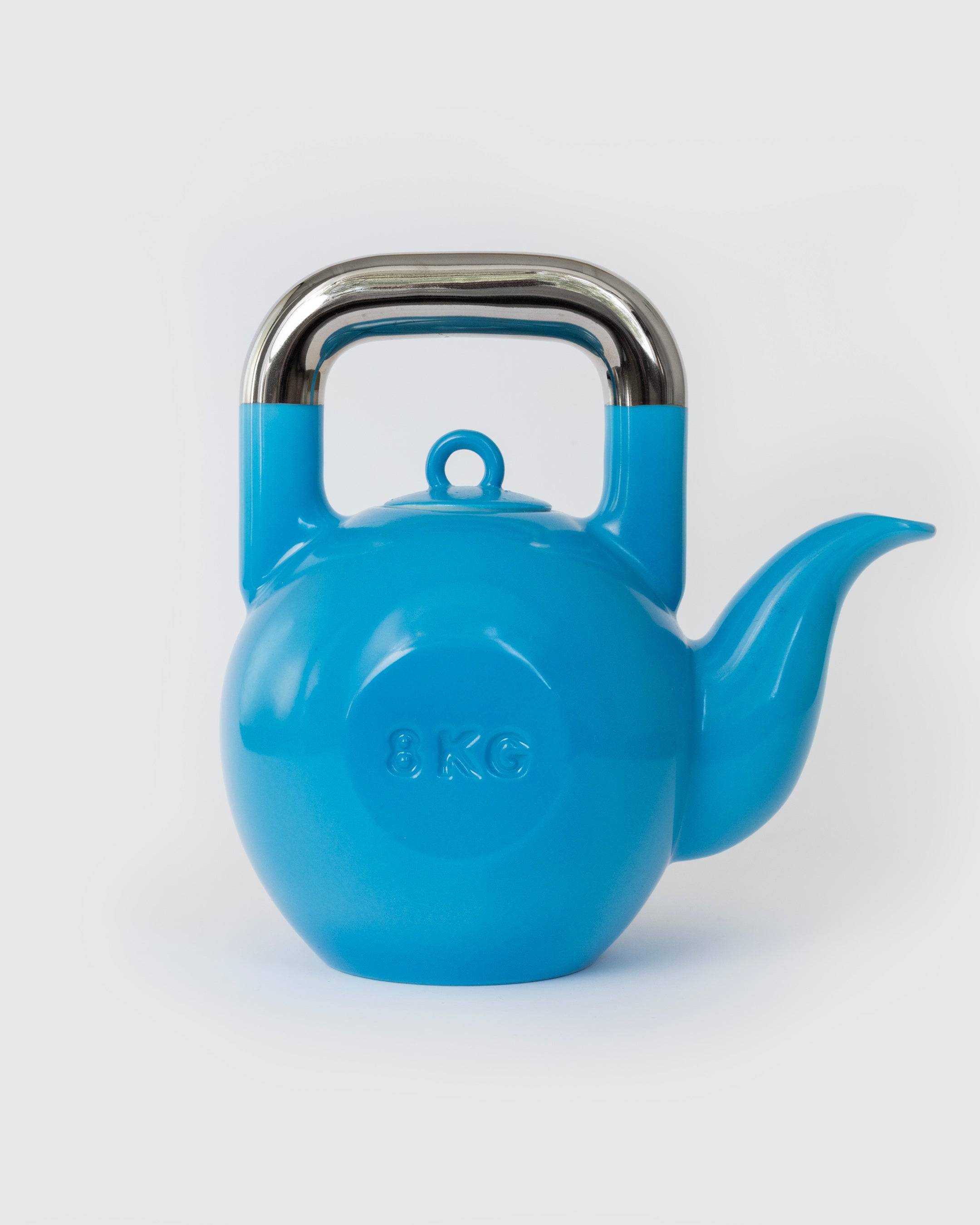 Blue Kettlebell Teapot, front view with platinum handle