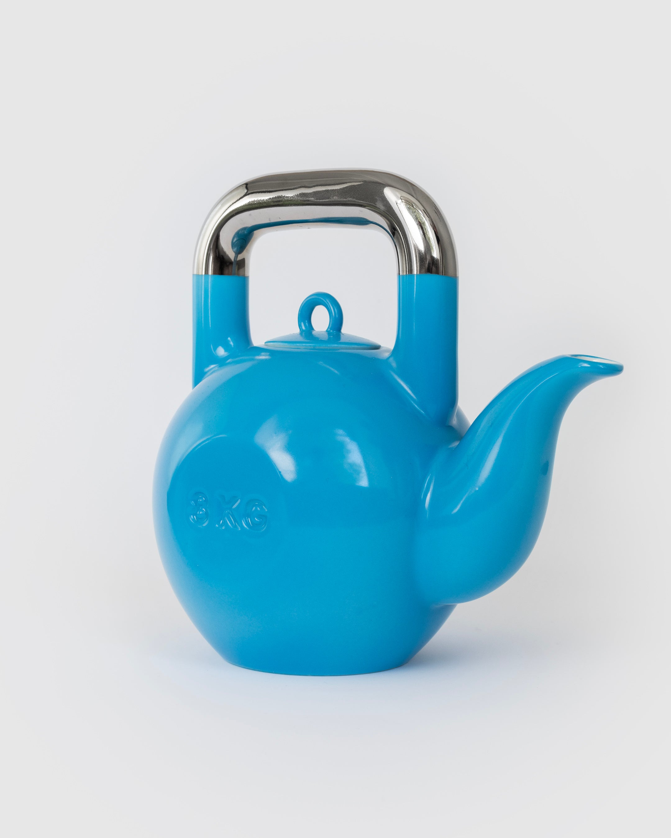 Blue Kettlebell Teapot, side view showing sculptural silhouette