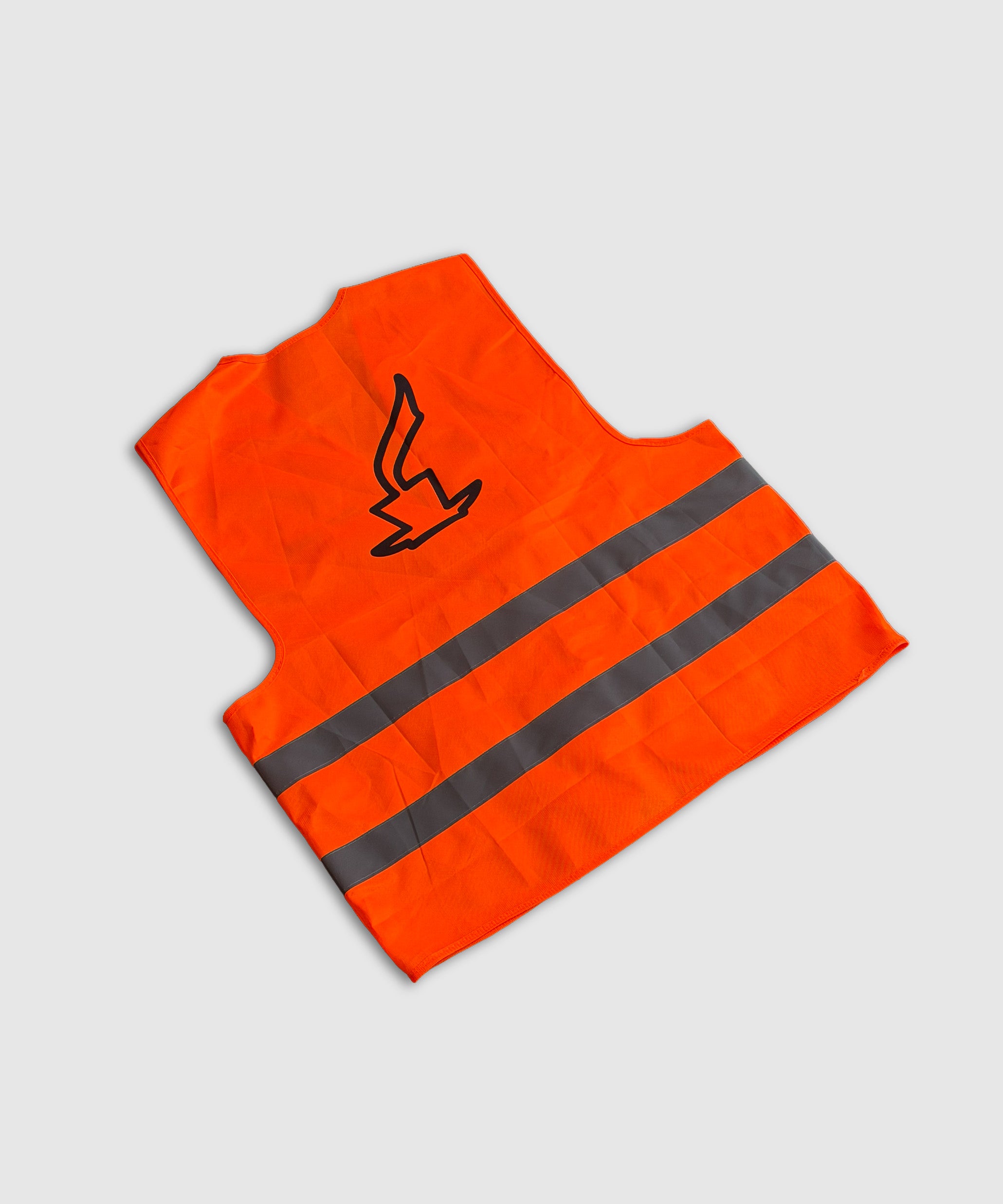 Orange safety vest with reflective stripes and large coffee graphic printed on the back