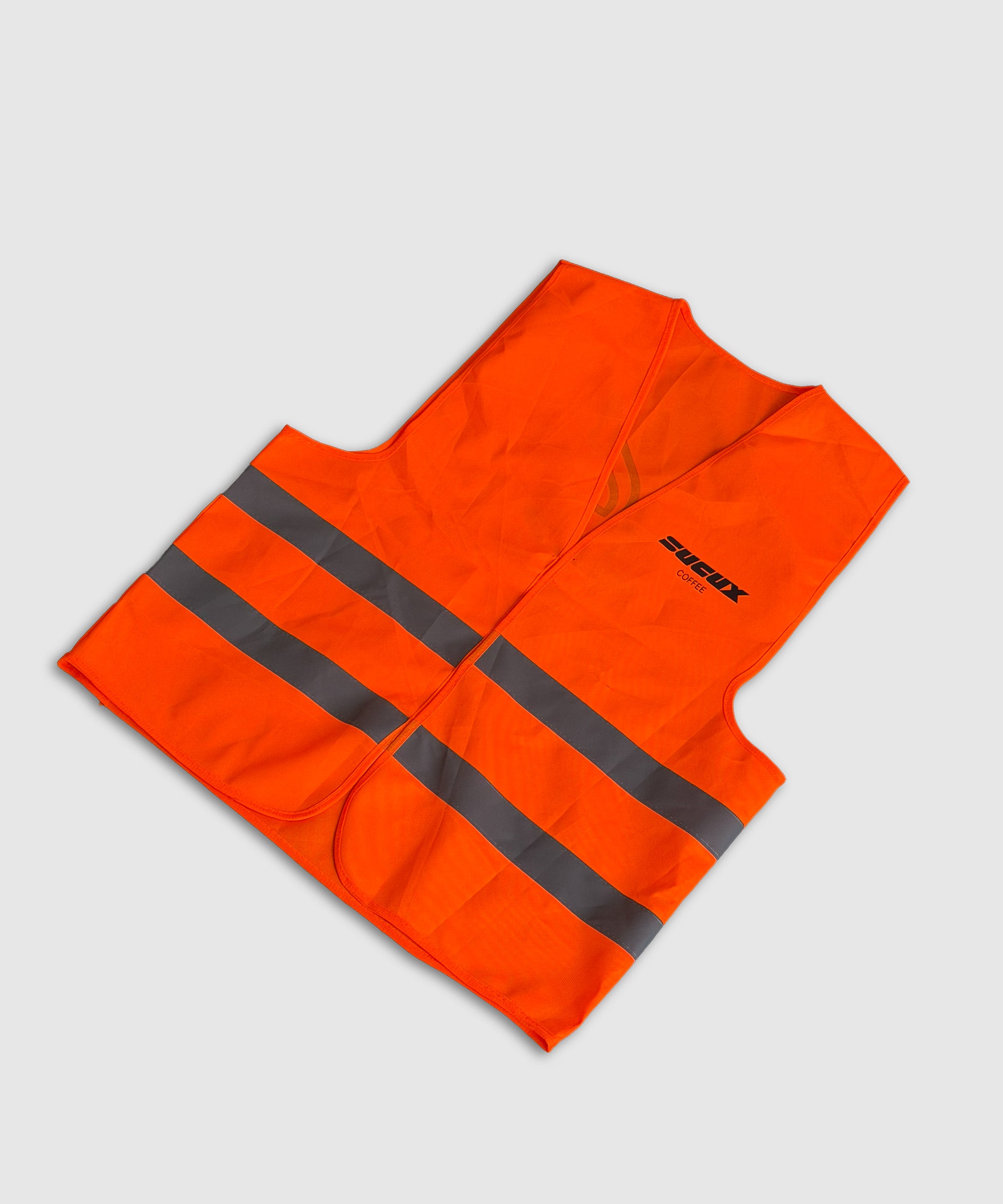 Bright orange safety vest with reflective silver stripes and black “SUCUX COFFEE” logo on the left chest